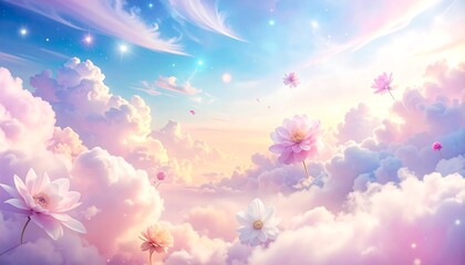 Obraz premium Dreamy Sky with Floating Flowers and Clouds.