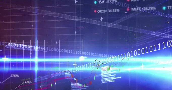 Animation of graphs, trading board, binary codes and computer language over abstract background