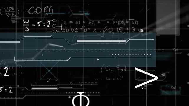 Animation of mathematical equations and symbols floating over grid network against black background