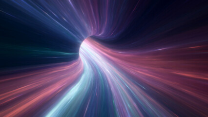 Fototapeta premium Bright cosmic tunnel with radiant white core and surrounding star-like particles, creating a powerful visual of acceleration and deep-space travel suitable for sci-fi concepts and abstract motion back
