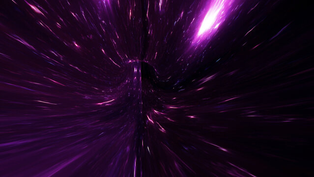 Purple and black space tunnel with scattered light particles and intense motion blur, suggesting rapid travel through a cosmic void and creating a dramatic abstract background for sci-fi visuals
