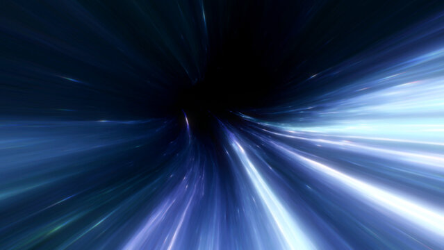 Bright warp tunnel with radiant white highlights and colorful light streaks, creating a vivid sense of acceleration and dynamic forward motion through an abstract cosmic environment
