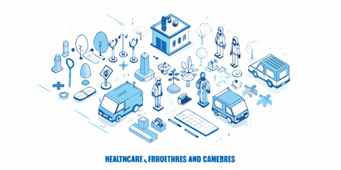 Isometric illustration depicting city elements vehicles and public infrastructure