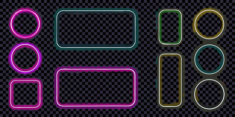 Assorted neon frames and shapes on a transparent background