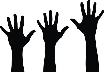 Fototapeta premium Raised hands silhouette symbolizing unity, diversity, support, and volunteering, black vector illustration on white background for community themes
