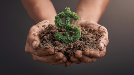 Obraz premium Hands Holding Soil with Green Plant Symbolizing Growth and Wealth in Conceptual Nature Representation