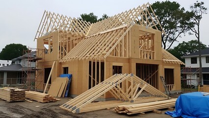 Unfinished Residential Building Project Construction Site with Lumber Piles