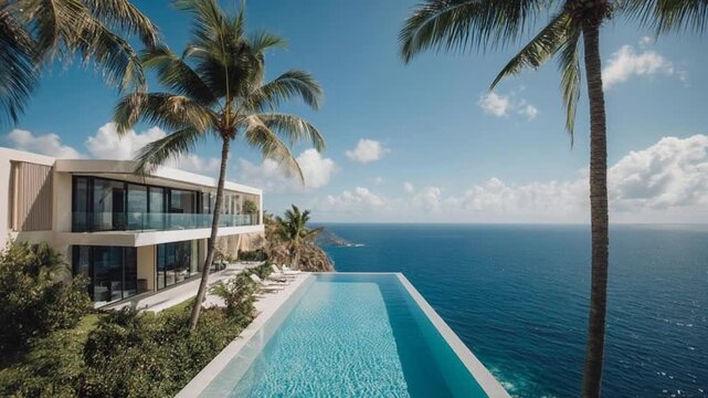 Luxury villa with infinity pool overlooking the ocean on a sunny day with palm trees