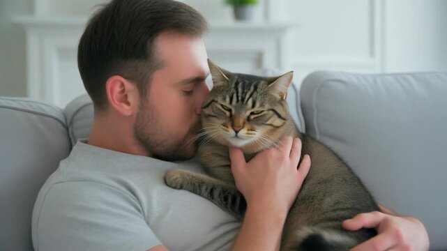 Man snuggling tabby cat on sofa in cozy white living room