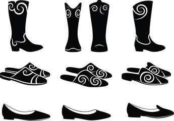 Black footwear silhouettes collection including boots slippers and shoes with decorative patterns isolated on white background for fashion design use