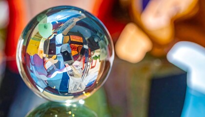 Crystal Ball Reflecting Colorful Objects in a Store.