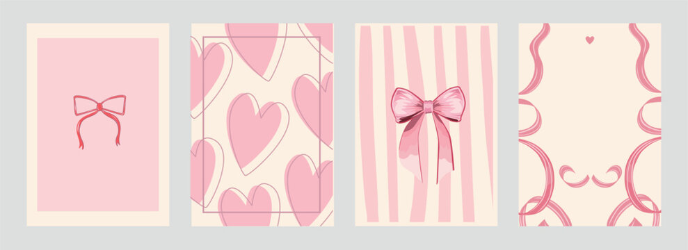 Set of girly coquette greeting cards for Valentine's Day. Romantic design with hand drawn frames, hearts, bows and ribbons in sketch style. Vector poster, banner, wedding invitation