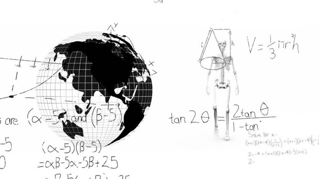 Animation of spinning globe and walking skeleton over mathematical equations