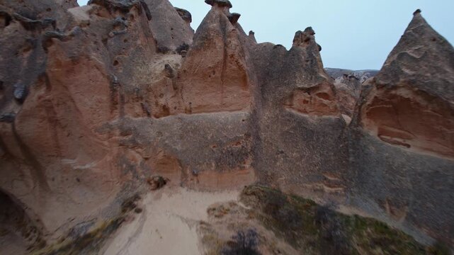 Aerial view Ancient city with cave houses in tuff stones of Cappadocia, Goreme national park of Turkey.