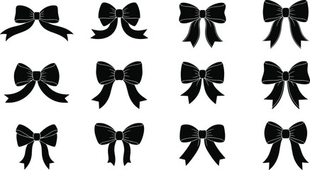 Decorative bow and ribbon silhouettes set, elegant tied bows in various styles, black vector icons for gift wrapping, fashion, wedding, and decorative design projects