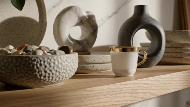 Elegant Ceramic Decor Objects With Gold Accents On Wooden Shelf With Natural Light