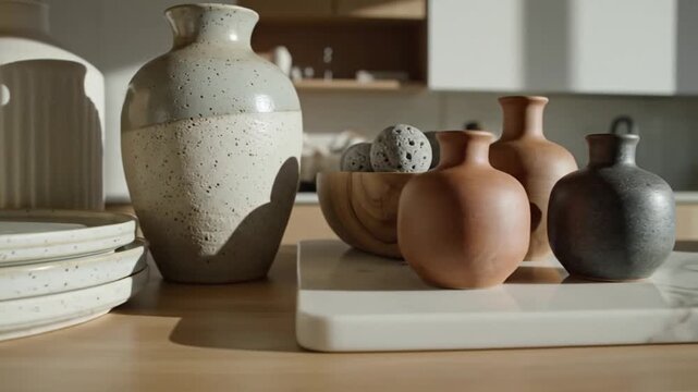 Elegant Ceramic Vases And Plates In Natural Light On Wooden Surface