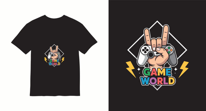 Creative game world logo with hand holding controller for gaming merchandise and branding