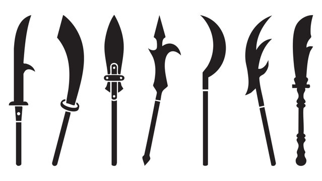 Black vector icon set of glaives, curved blade pole weapons with varied blade and mounting designs, side and angled views, solid black flat silhouettes, minimalist vector icon design