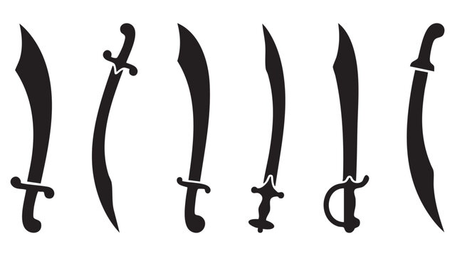 Black vector icon set of scimitars, curved sword variations with different blade curves and handle shapes, side and angled views, solid black silhouette icons, flat minimalist vector style