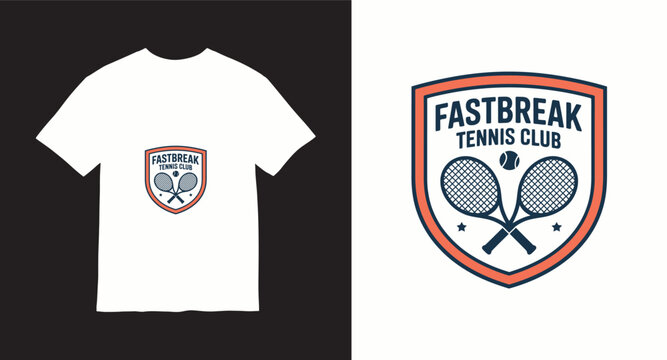 Fastbreak tennis organization shield emblem featuring crossed rackets and stars design