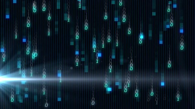 Wide blue beam emitting activating binary digits falling forming code rain visualizing data flow