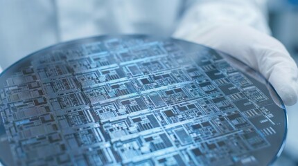 A gloved hand holds a silicon wafer featuring intricate integrated circuits and microchip patterns, captured in a cleanroom environment with sharp technological detail
