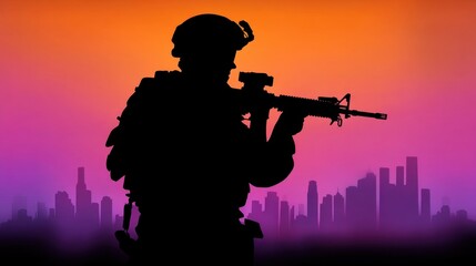 Naklejka premium Silhouette of Soldier with M4 Assault Rifle Against Vibrant Sunset Cityscape Background