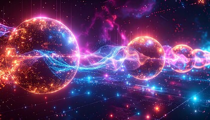 Obraz premium Vibrant neon spheres connected by glowing threads in a cosmic dance against a starry night sky viewed from a futuristic perspective