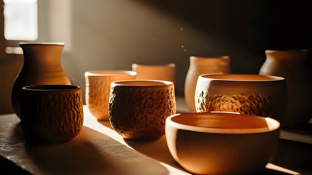 Earthenware pottery bowls and vases illuminated by warm sunlight, rustic handmade ceramics