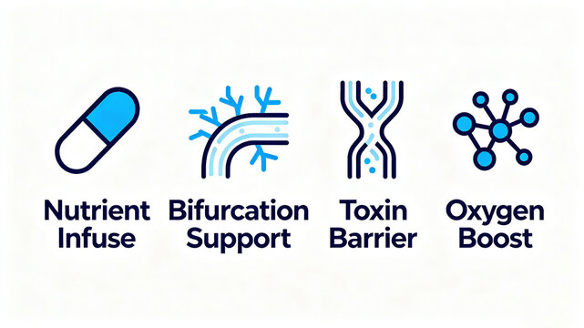 The combination of capsule and fork icons represents the injection of nutrients, support for fork, toxin barrier, and enhancement of blood oxygen, suitable for vascular maintenance scenarios.
