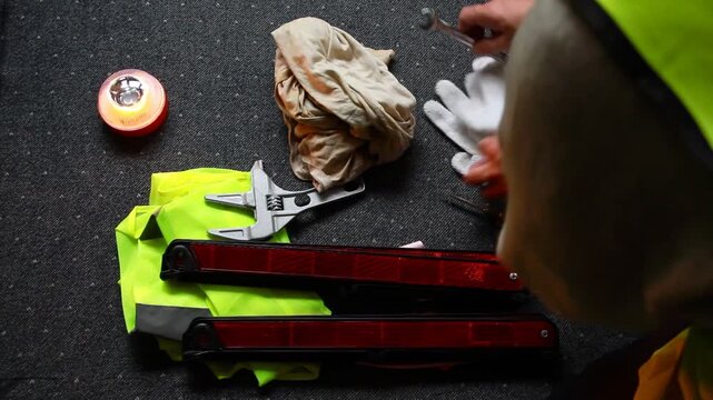 kit de aver&iacute;a y seguridad de coche con tri&aacute;ngulo homologado, baliza y chaleco reflectante de emergencia con herramientas