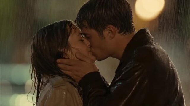 Young couple kissing in rain at night with blurred city lights