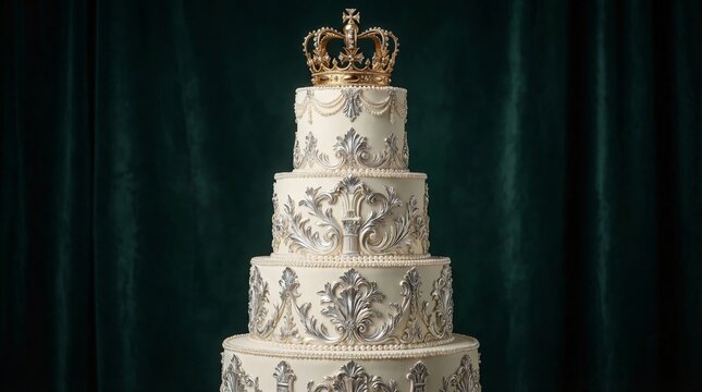 Luxurious multi-tiered wedding cake with golden crown and intricate silver designs