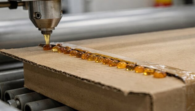 Medium shot of hot melt glue being applied carefully on packaging flaps highlighting smooth molten adhesive beads ready for quick bonding and sealing processes.