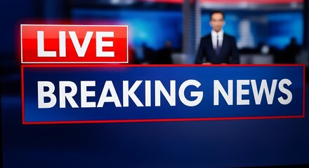 Obraz premium A news anchor stands confidently in a television studio with a live breaking news banner displayed prominently in the foreground with a blurred background.