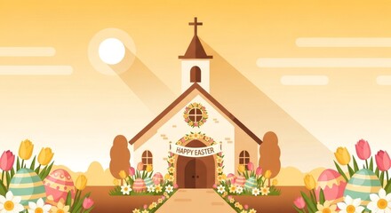 Obraz premium Church with happy Easter banner and decorated eggs. Christian celebration of resurrection. Religious holiday illustration.