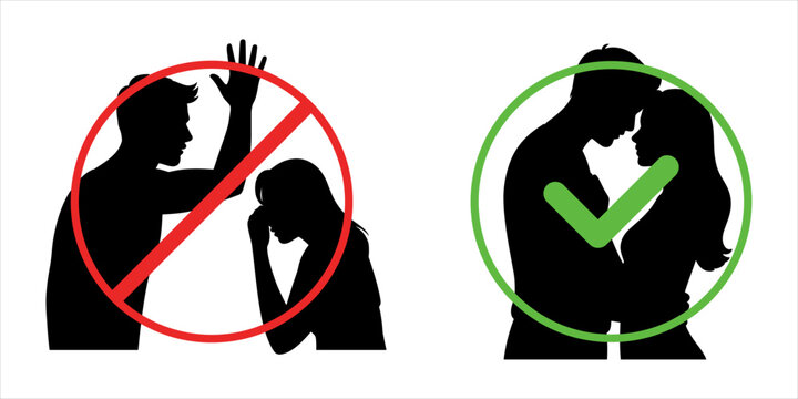 Husband and wife Concept: It is not right to lay hands on your wife. It is right to love and care for your wife, Silhouette Illustration.