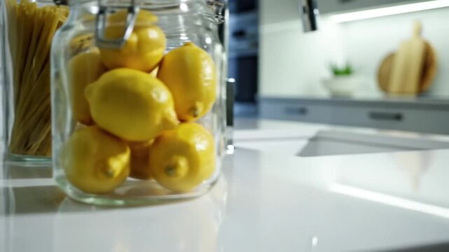 Fresh Lemons And Pasta In Jars On A White Countertop