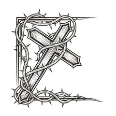 Fototapeta premium Black and white cross with a crown of thorns for Easter. Christian symbol of redemption and sacrifice. Good Friday religious art.