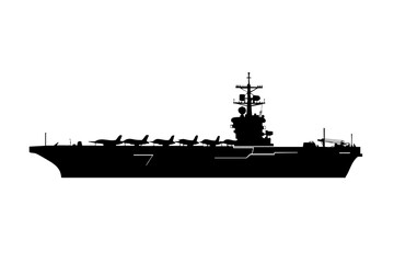 Aircraft carrier vector illustration, side view, black and white, solid color fill, flat design