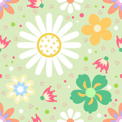 Cute Seamless Floral Pattern with Daisies and Hearts on Green