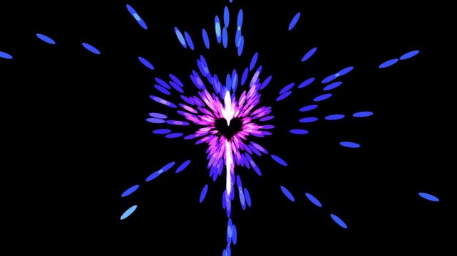 Abstract neon heart starburst animation. Glowing purple and blue light rays exploding from center. Romantic firework effect .