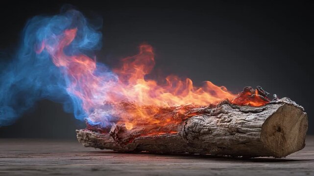 A burning log, with vivid orange and blue flames. Realistic wood texture on a dark surface