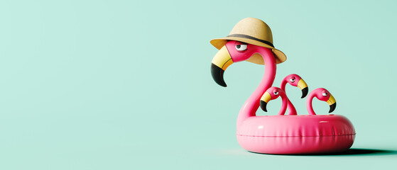 Pink flamingo inflatable with children on turquoise blue background with copy space. Summer travel concept design. 3D Rendering, 3D Illustration © hd3dsh