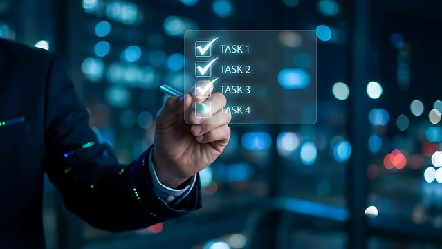 Businessman interacting with virtual checklist marking tasks as completed successfully in a modern corporate setting at night with city lights in the background.