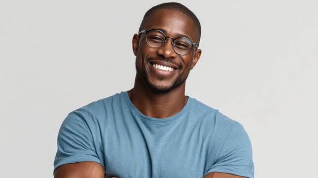 Confident african male adult smiling in glasses and casual attire.