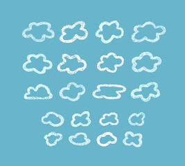 Fototapeta premium Crayon icons - clouds in sky. Weather elements - doodle clouds in chalk texture. Cute summer weather background drawn with crayon pencils, kid vector illustration