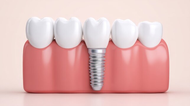 Realistic Illustration of Dental Implant with Natural Teeth and Gum Structure in Soft Color Palette for Medical and Dental Use
