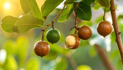 Macadamia Nuts Ripening on a Tree Branch in Sunlight.